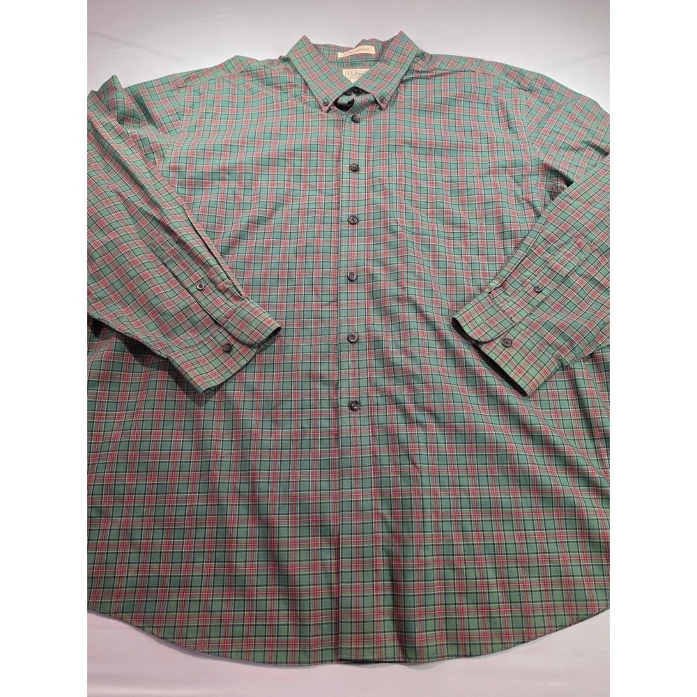 LL Bean Mens XXL Regular Green Redβ Plaid Wrinkle Resistant Button Down 218573